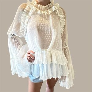 ROMANCE WAS BORN Ivory Sheer Ruffled Swiss Dot Blouse🌸